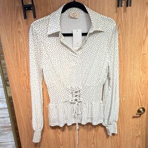 Elegant off White  and black Polka Dot Lace-Up Blouse